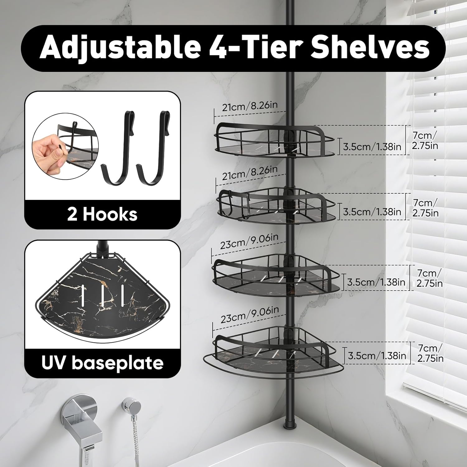 BlumWay Corner Shower Caddy Tension Pole, 4-Tier Adjustable Shower Organizer Shelves, Rustproof Bathroom Shower Organizer Corner Shelf for Bathtub Shampoo Storage, 32 to 116.5 Inch Height