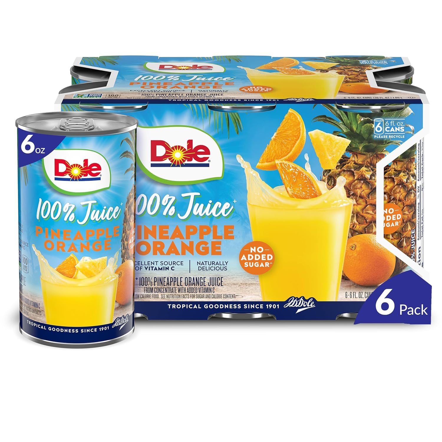 Dole 100% Pineapple Orange Juice, No Added Sugar, Excellent Source of Vitamin C, 100% Fruit Juice, 6 Fl Oz (Pack of 6), Packaging May Vary