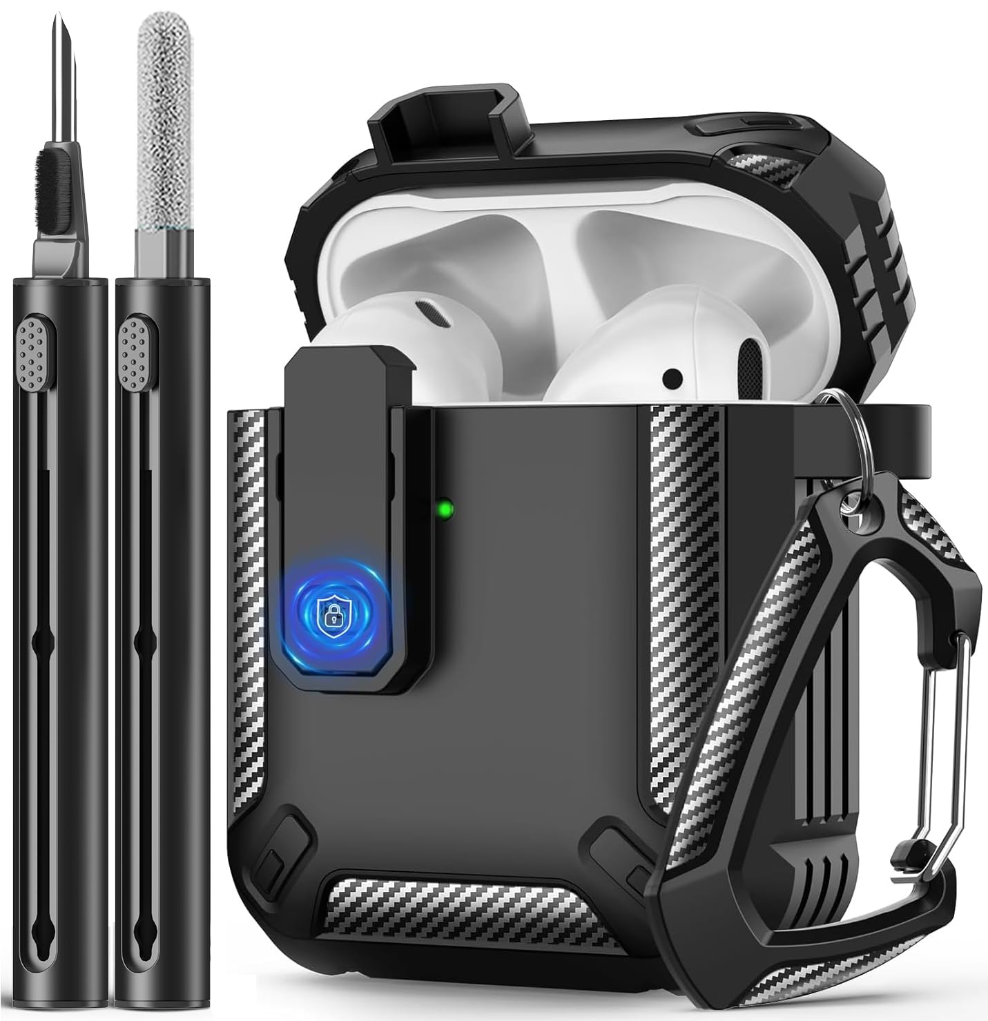 Polislime for AirPods Cover Case with Cleaner kit,Carbon Fiber Full Body Shockproof Hard Shell Protection Design Case for Apple AirPods 2nd/1st Generation [with Secure Lock Clip]-Black