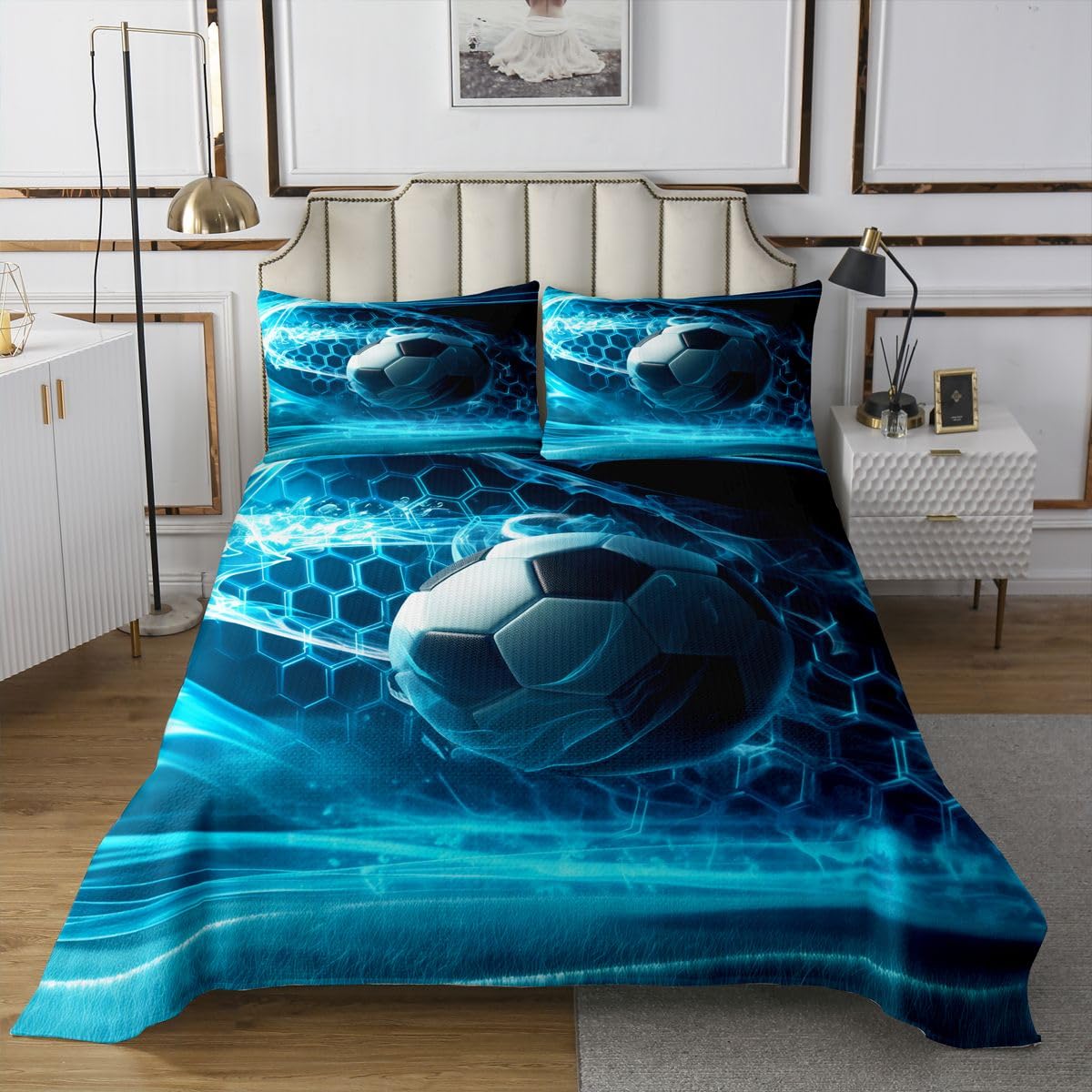 Manfei Juego de colcha de fútbol tamaño individual, juego de colcha de fútbol con temática deportiva, 2 piezas, regalo para los amantes del fútbol, colcha acolchada con 1 funda de almohada, decoración