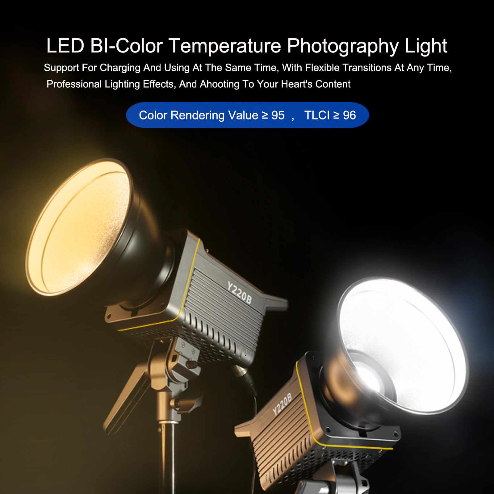 JatureClets General Bowens Mount LED Video Light 220W Bi-Color 2700K-6500K Continuous Lighting 220W COB Video Light Support 3 Power Supply Methods for Photography and Photo Studio (JC-220W)