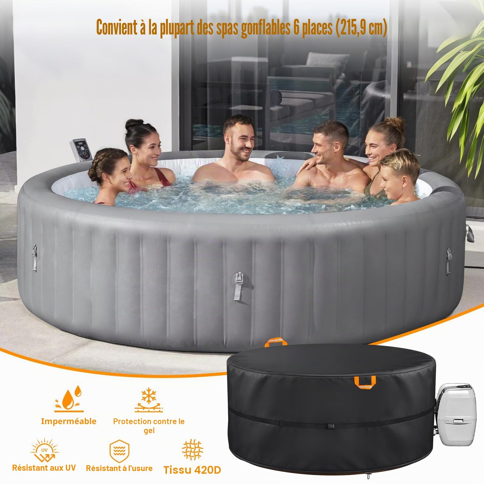 Housse de Protection Ronde pour Jacuzzi, 4-6 Personnes, Oxford 420D, Spa Gonflable Housse de Protection pour Ronds, résistante aux UV et imperméable pour Spa extérieur (220 * 72cm (6 Personnes))