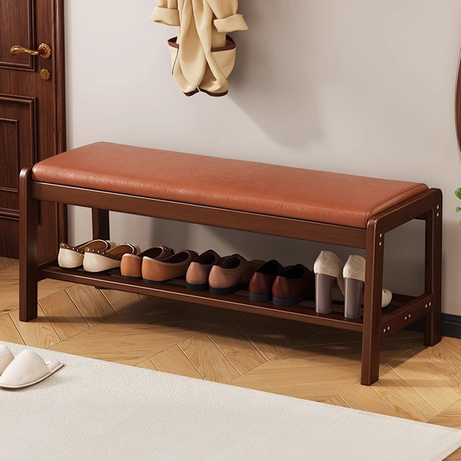 Banc à chaussures en bois massif et cuir de qualité supérieure