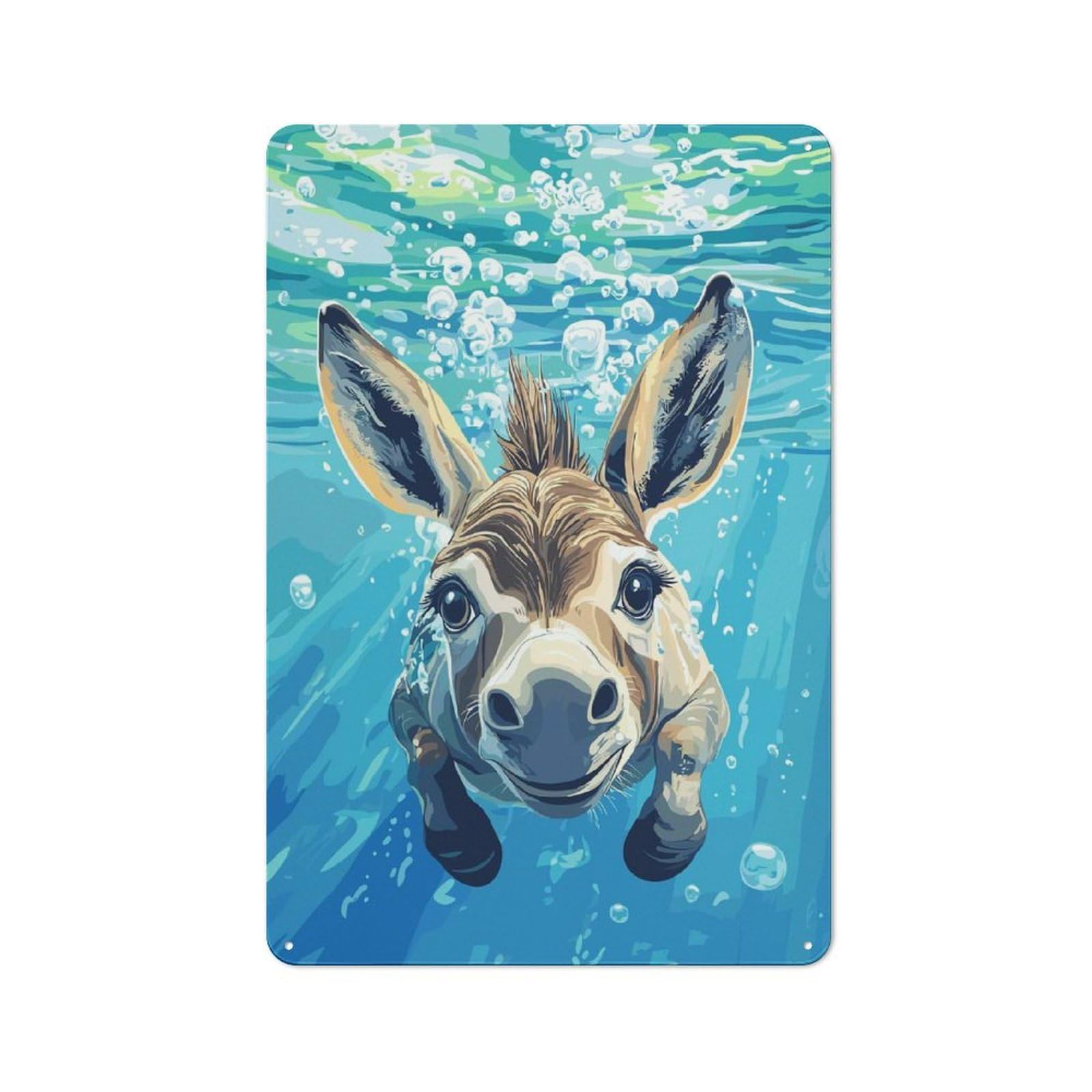 Junmoney Style-13 For Living Room Or Hallway, Donkey Swimming Underwater Illustration Vintage Metal Plaque 30X20cm, For Vintage Wall Decor Fans, For Metal Sign Collectors