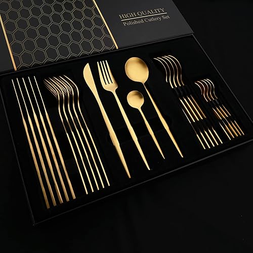 Miniatura 8 de JASHII Juego de cubiertos de regalo, juego de cubiertos de acero inoxidable de 24 piezas, utensilios de cocina, cuchillo, tenedor, cuchara con caja