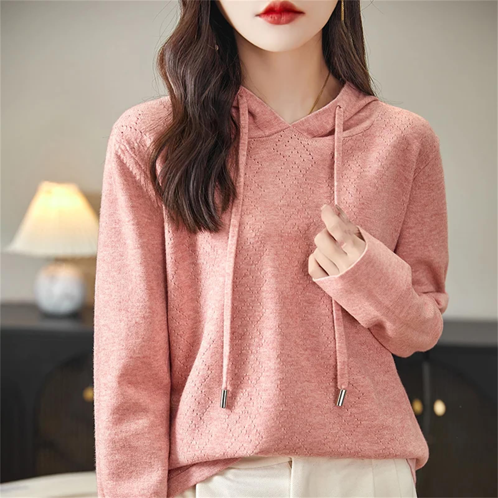 Pullover da donna con cappuccio in cashmere primaverile maglione con cappuccio sciolto felpa con cappuccio a maglia rosso lampone, Rosso lampone., XS