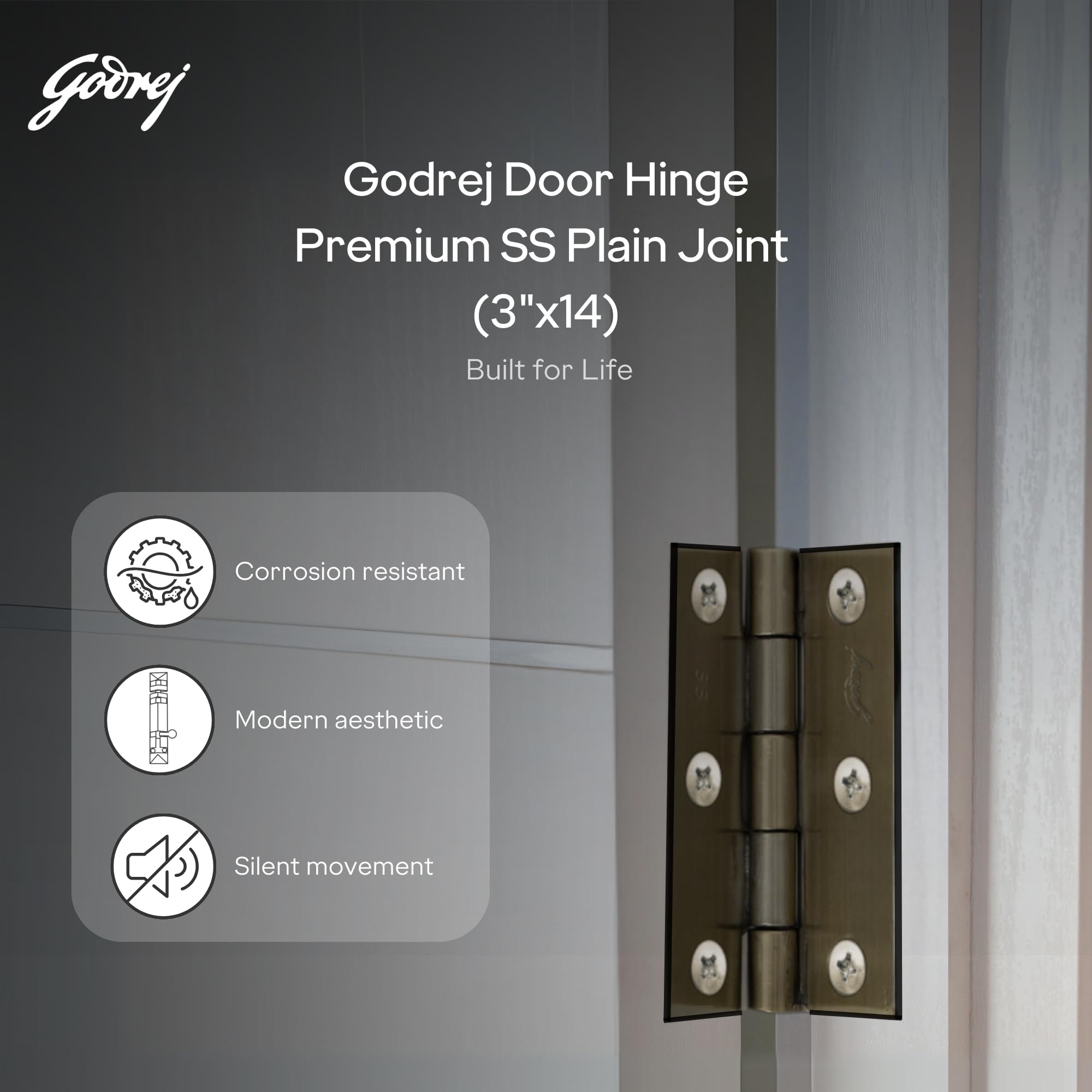 Godrej Door Fittings | 3 inch x 14 Gauge Plain Joint Door Butt Hinges (Pack of1, 5 Pcs/Pack) | Antique Brass Finish, Smooth Operation | 3 Holes Kabza for Doors, Windows & Wardrobe | 1 Yr Warranty — Amazon image 2