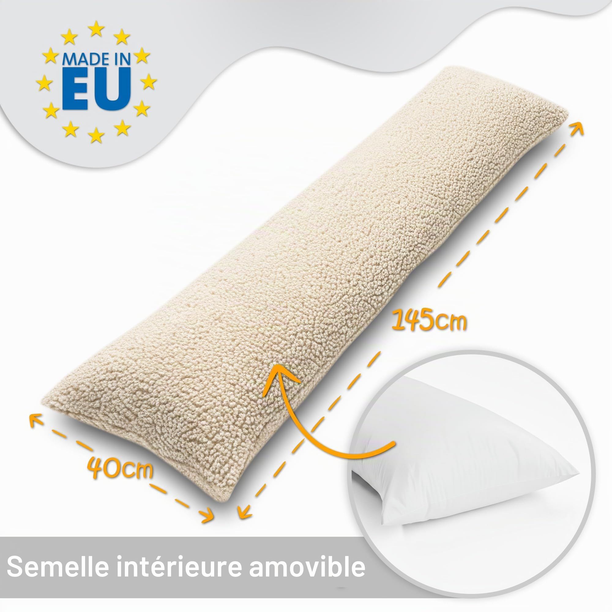 Totsy Baby Traversin Ergonomique 40x145 cm Housse Amovible – Coussin de maternité pour Dormir sur Le côté Body Pillow Bouclé Doux Respirant – certifié Oeko-TEX Crème