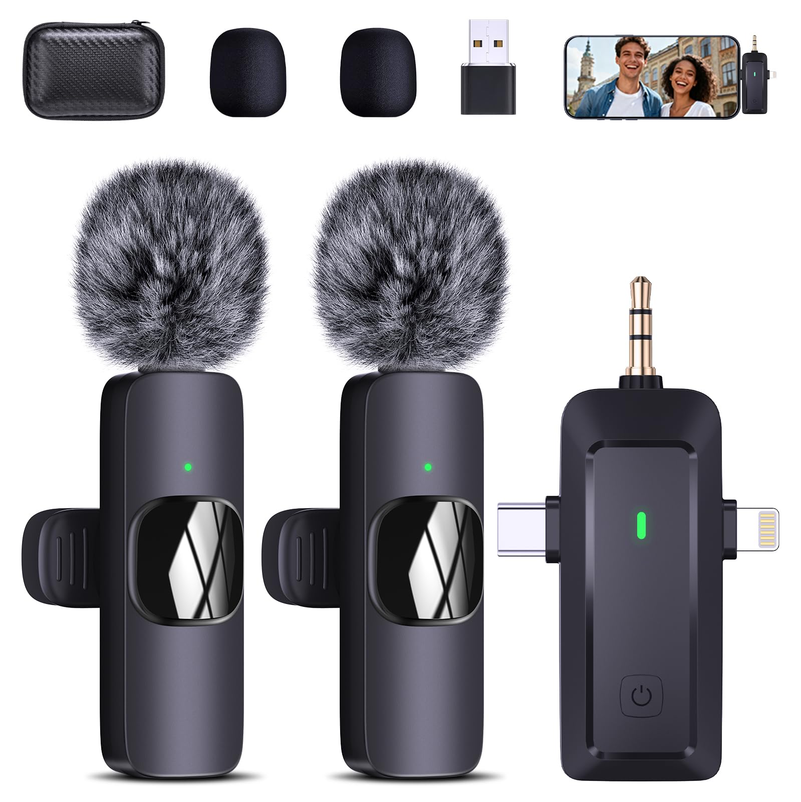 QINOJA Wireless Lavalier Mikrofon für iPhone/Handy/Kamera/Computer - 4 in 1 Ansteckmikrofon Kabellos für Videoaufzeichnung, Live-Streaming, Vlog, TikTok