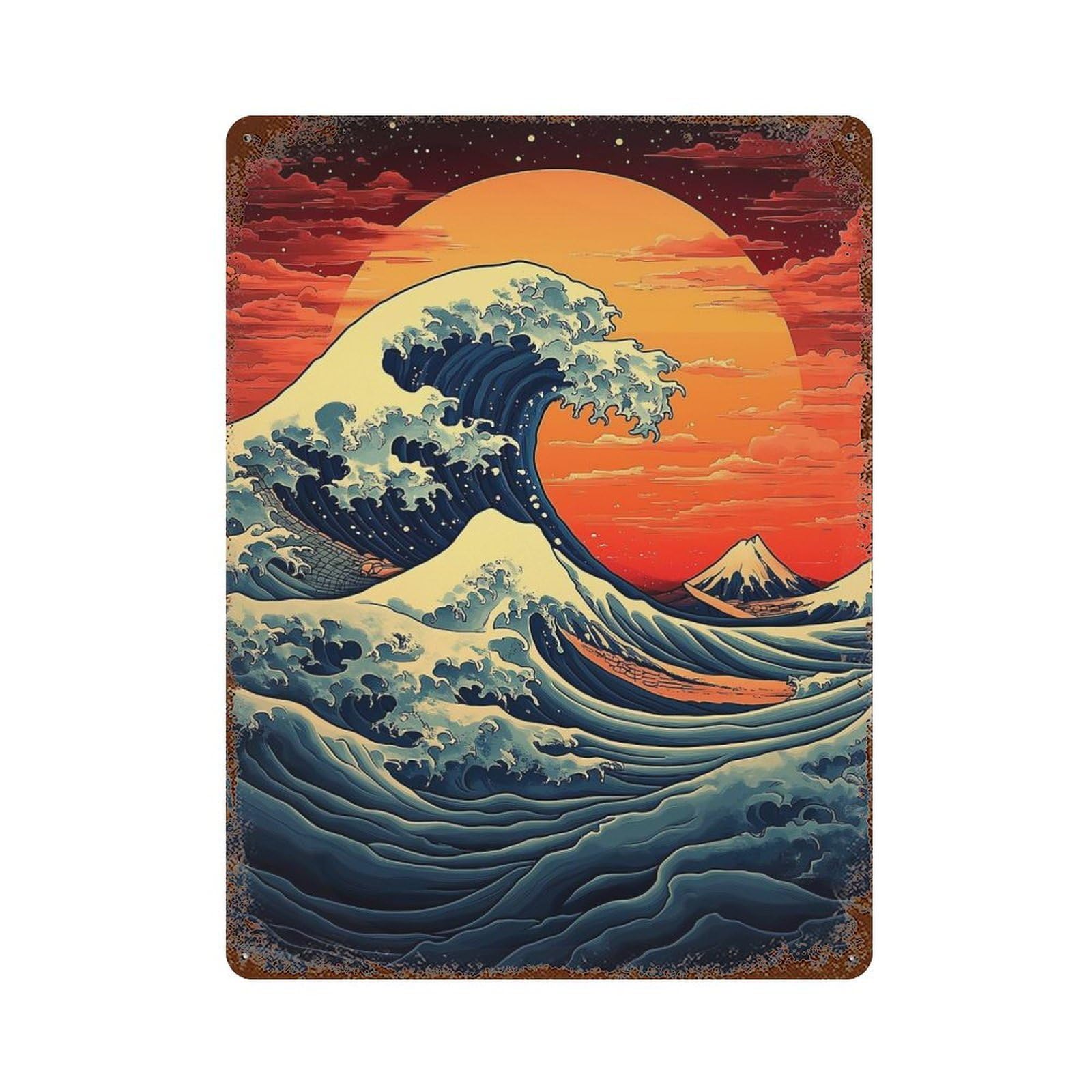 Distressed Metal Wall Sign with Great Wave Print Design 15.7"x11.8", for Shed, Workshop And Garage Wall Decor, Decorative Metal Wall Art