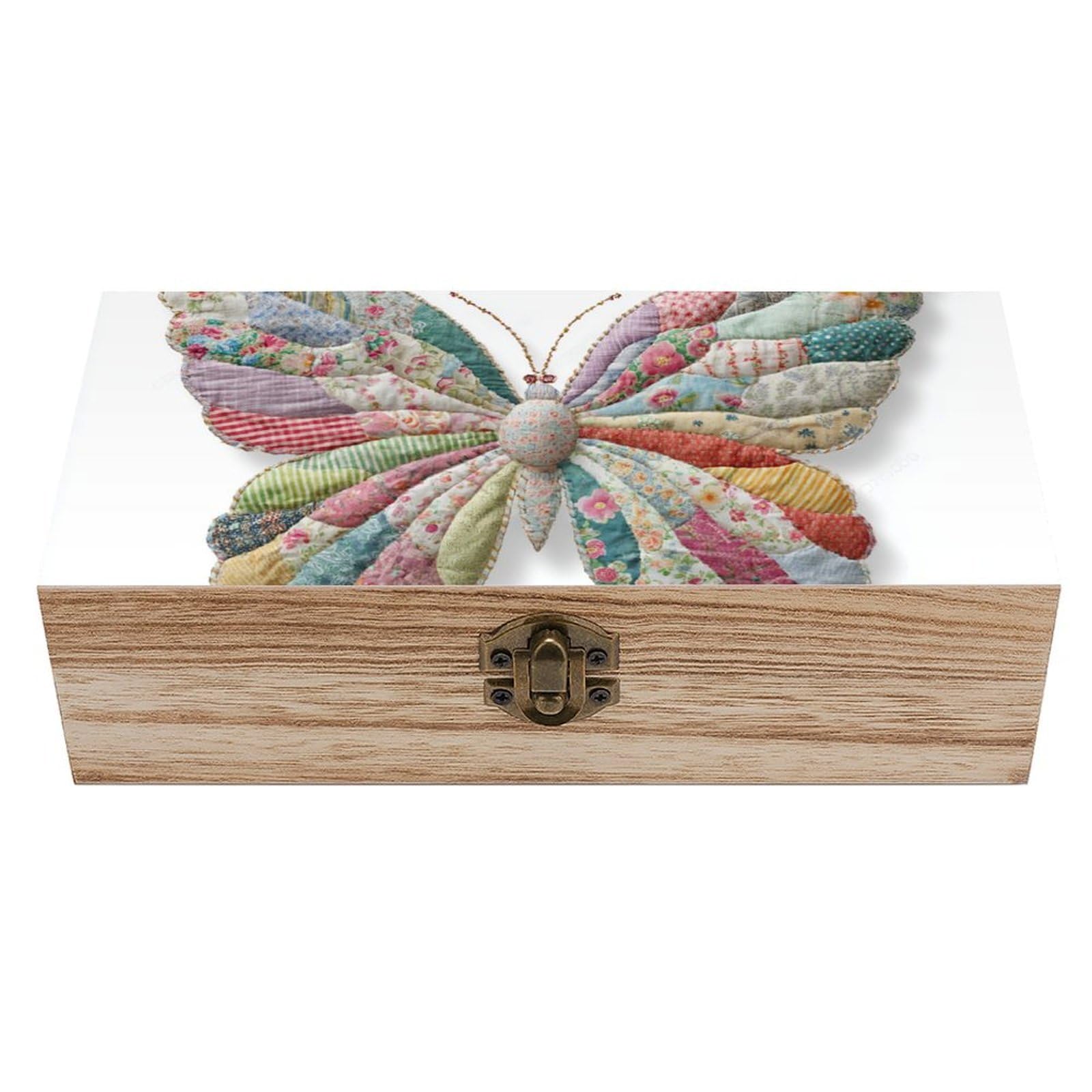 Jubonexis Patchwork Butterfly Fabric Pieces Vintage Cottagecore Wooden Storage Box with Hinged Lid And Front Clasp Large Keepsake Box