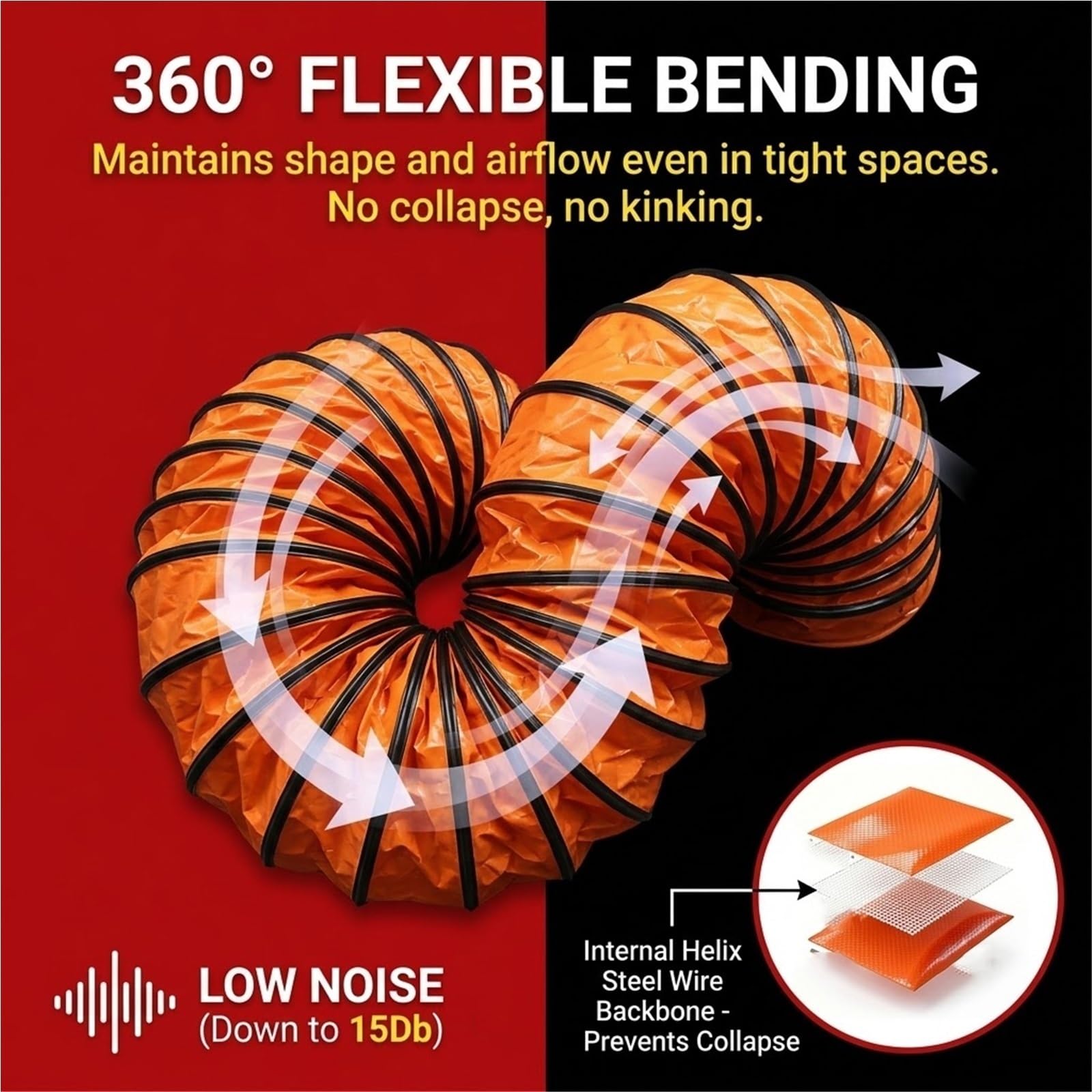 Tubo Flessibile PVC 16 Pollici, Condotto Ignifugo | Tubo Rinforzato Piegabile A 360°,Anelli A D Per Appenderlo, Corda Regolabile,FacileRiporre(L5m/16.4FT,Id(A)250mm/9.8in)