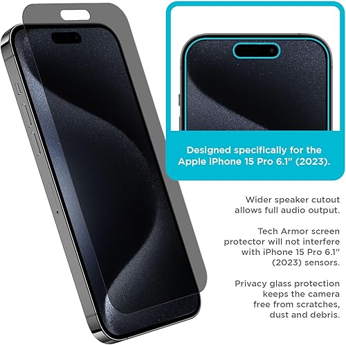 Miniatura 4 de Tech Armor Protector de pantalla de privacidad para iPhone 15 Pro de 6.1 pulgadas, vidrio templado balístico, antiespía, compatible con fundas,