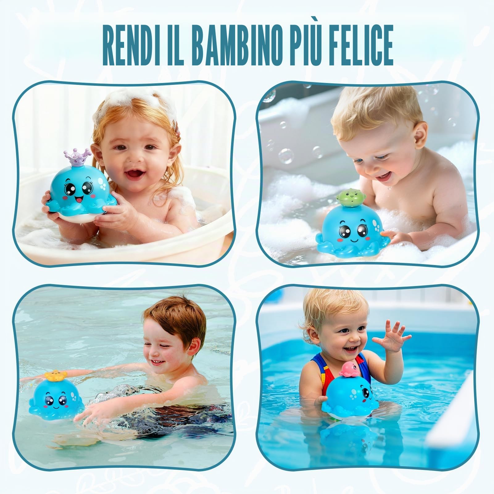 Giochi Bagnetto Neonato, Polpo Giochi Vasca da Bagno Bambini Spruzzo d'Acqua Automatico, Giochi Bagnetto con Luce a LED, 4 Teste di Spruzzo, Giocattoli da o Piscina per 1 2 3 Anno, Blu