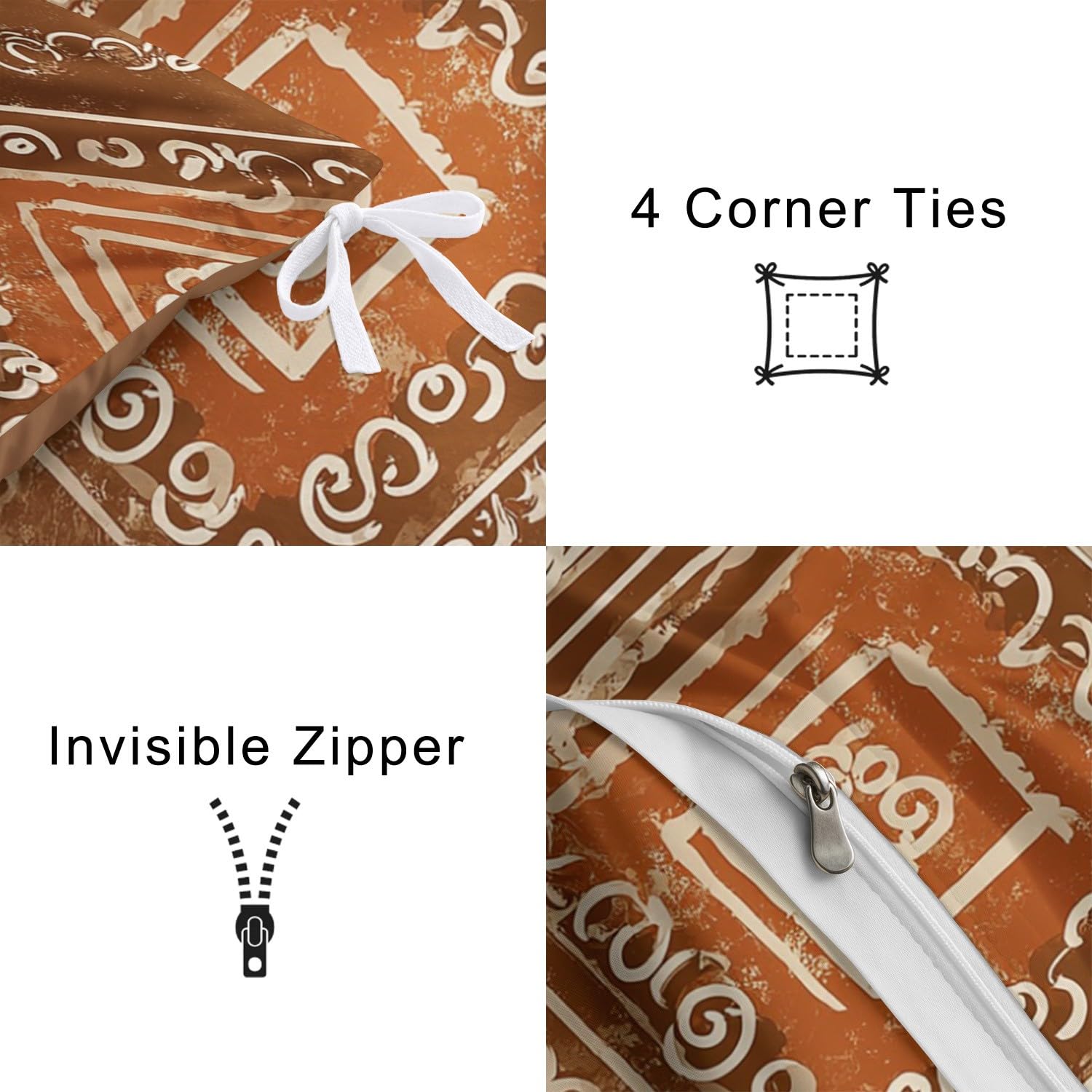 3-częściowy komplet pościeli boho 200 x 200 cm, poszewka na kołdrę – vintage, geometryczny wzór w romby, kwiatowy, miękka pościel z mikrofibry, dwustronna, z 2 poszewkami na poduszki, brązowa