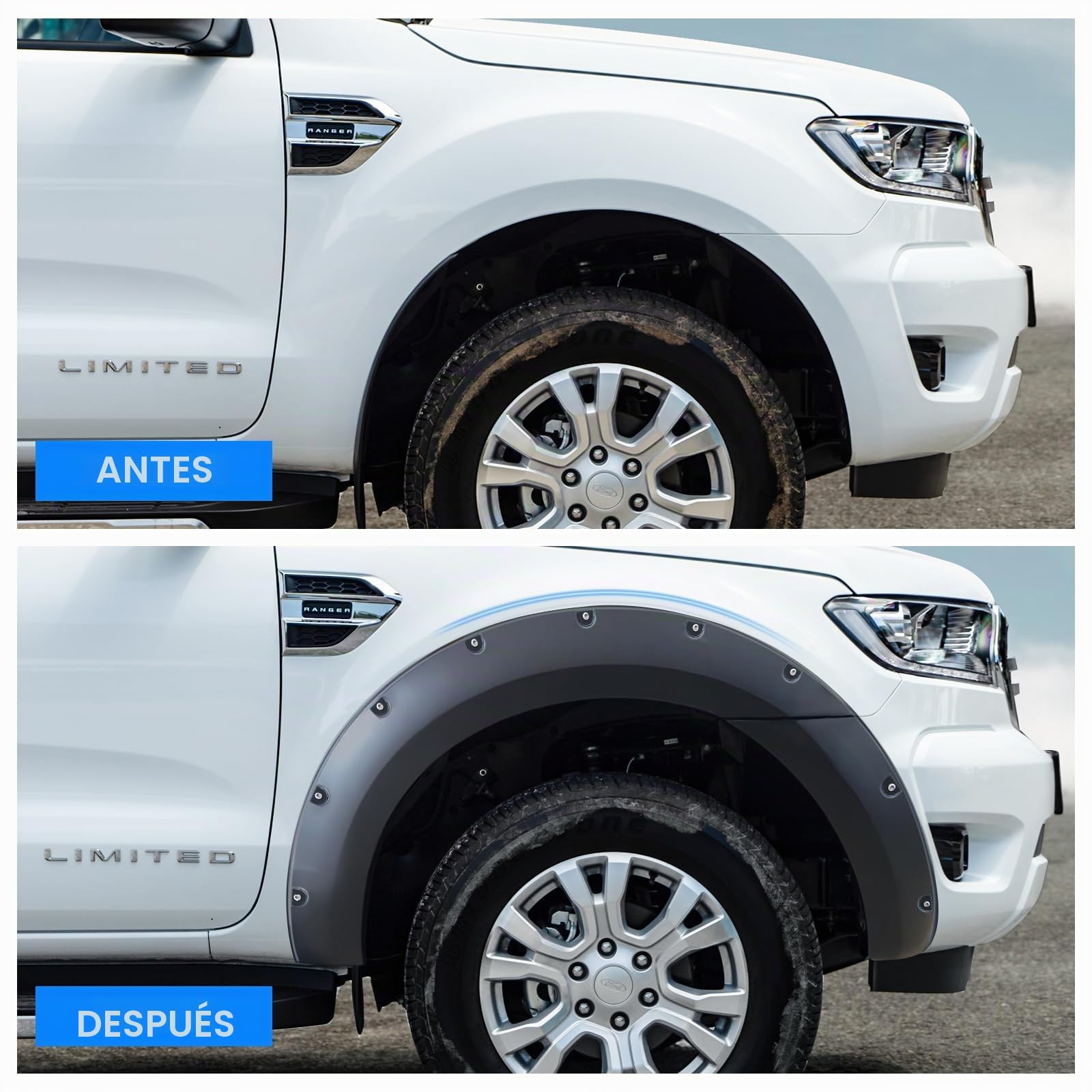 Fender Flare - Ampliador de Guardabarros para Ford Ranger 2015-2022 T7 T8 sin PDC, extensión extra ancha para guardabarros (remachado)
