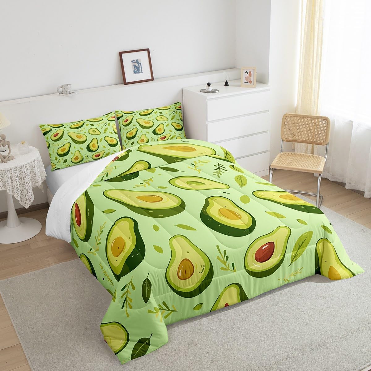 Feelyou Avocado Bedding Set Queen Size, Green Avocado Comforter Set for Kids Boys Girls Teens Cartoon Avocado Comforter Fruit Duvet Set Durable Bed Set 3Pcs