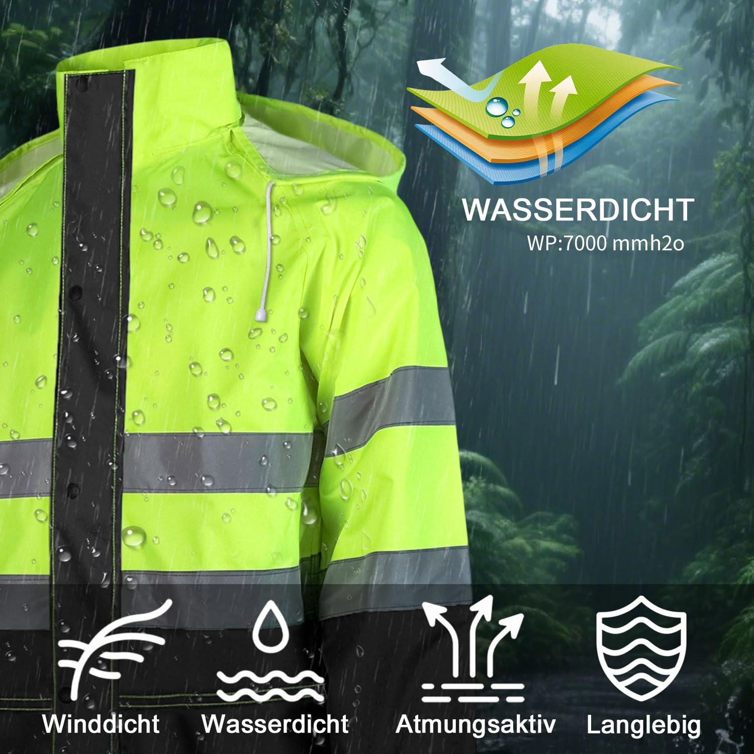 Veste Homme Impérmeable à Capuche Léger Haute Visibilité Manteau de Pluie Impermeable Veste de Pluie Réfléchissants Vêtements de Pluie