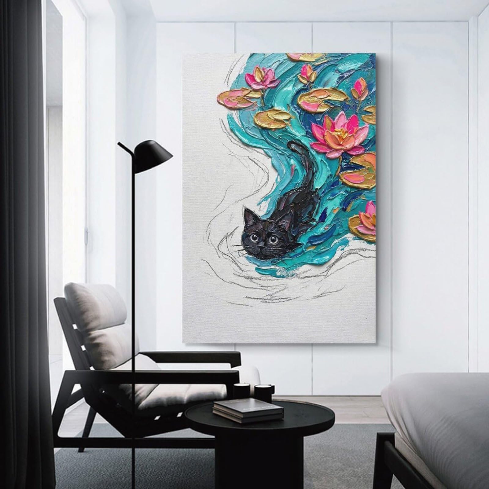 Junmoney Unframe-Style-6-1 Black Cat In Water Lily Pond Painting Wall Picture Print 12X18inch(30X45cm), For Lounge Decor, Offices Or Entryway Styling, A Flexible Wall Accent For Shared Spaces
