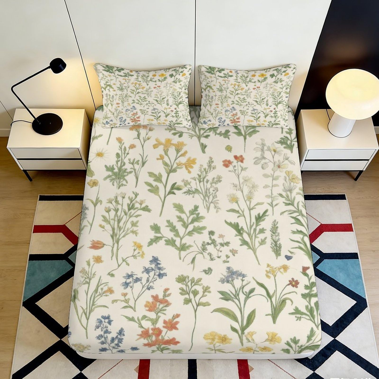 3D Printed Wildflower Meadow Fitted Sheet Microfiber Soft Breathable Botanical Garden Bed Cover for Bedroom Guest Room Decor 90x200x25cm