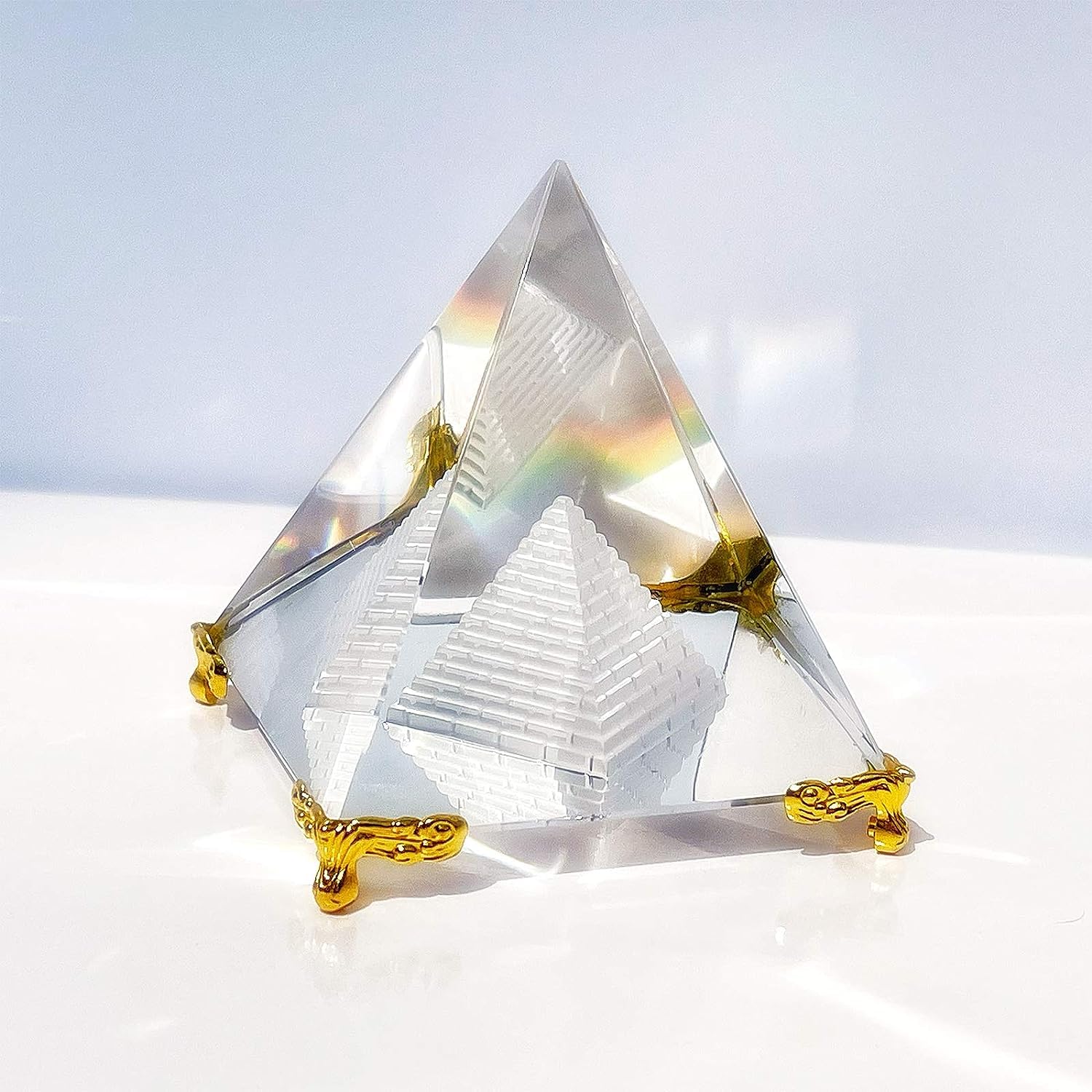 PASCAL Crystal Glass Pyramid on Golden Stand for Positive Energy, Good Luck and Enhancer fine Quality of Crystal Glass as Vastu Remedy for Home/Office. (Height-8cm)