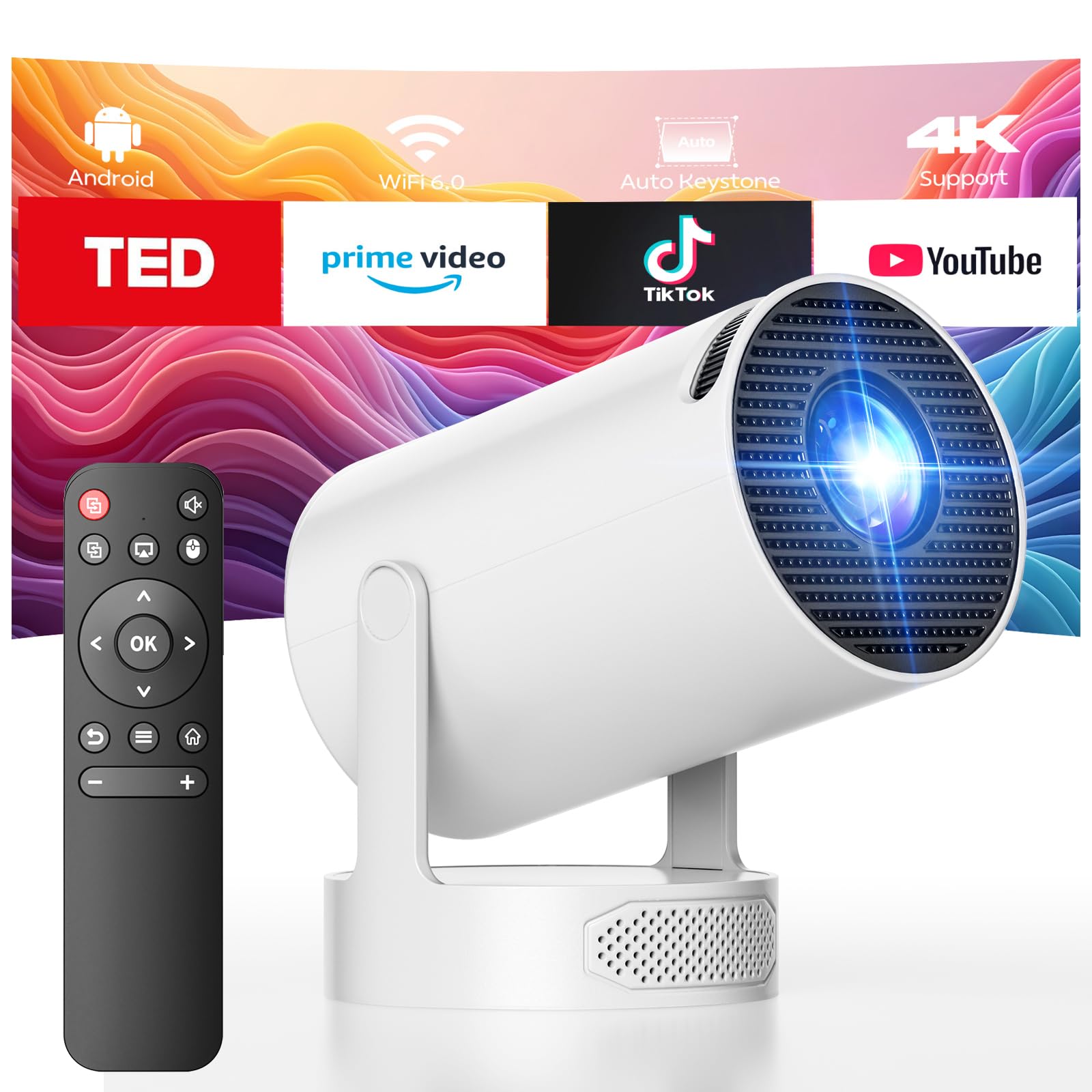 Proiettore 4K[Compatibile con Netflix & Dolby]Proiettore Portatile 700ANSI Messa Fuoco Auto Keystone con Bluetooth Bidirezionale Mini Proiettores Girevole 360° per Home Theater/Esterno Videoproiettore