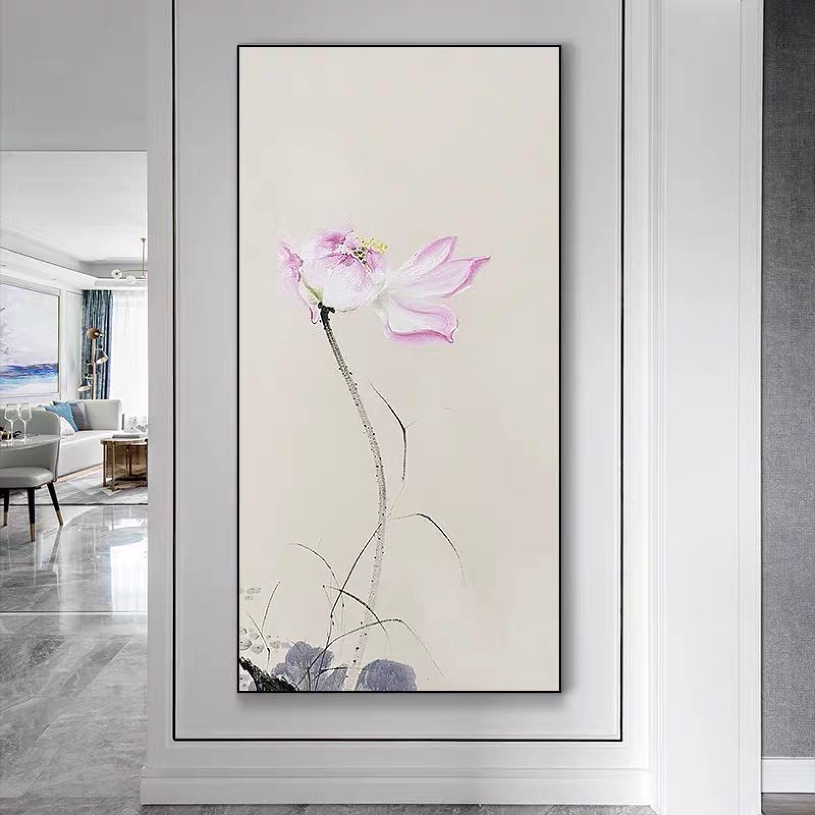 Peinture à l'huile lotus zen grand format peinte à la main sur toile de lin