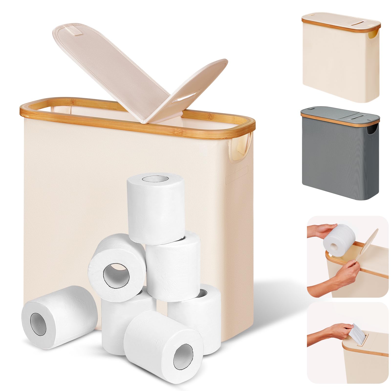 efluky 28L 2-in-1 Toilettenpapier Aufbewahrung Korb aus Bambus mit Papierauslass, Toilet Paper Organizer, Klopapier Aufbewahrung mit Deckel, Faltbarer Aufbewahrung Box für Badezimmer, WC (Beige)
