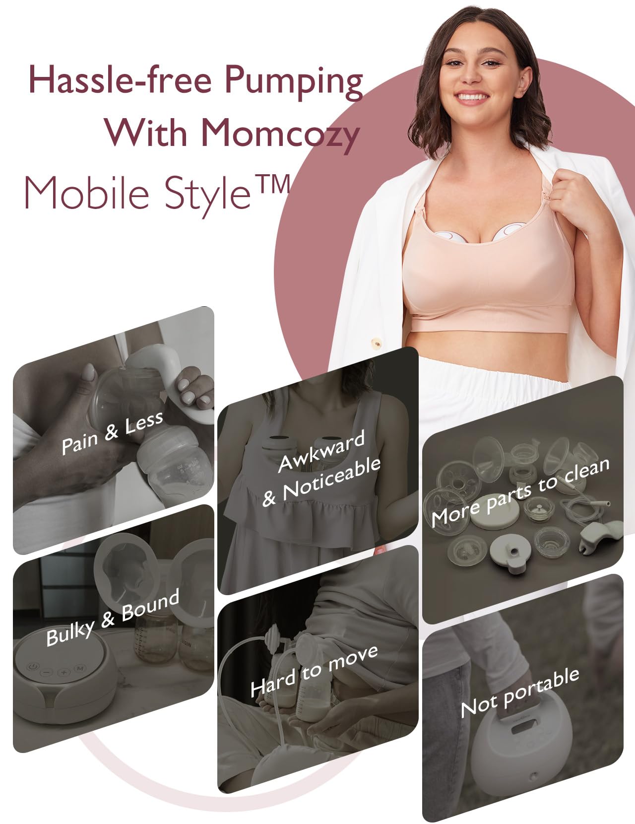 Laktator Momcozy Mobile Style | M6, przenośny laktator, idealny rytm dla większej ilości mleka, kołnierz DoubleFit, lepsze dopasowanie i dyskrecja dzięki 3 trybom i 9 poziomom – 24 mm (2, szary)