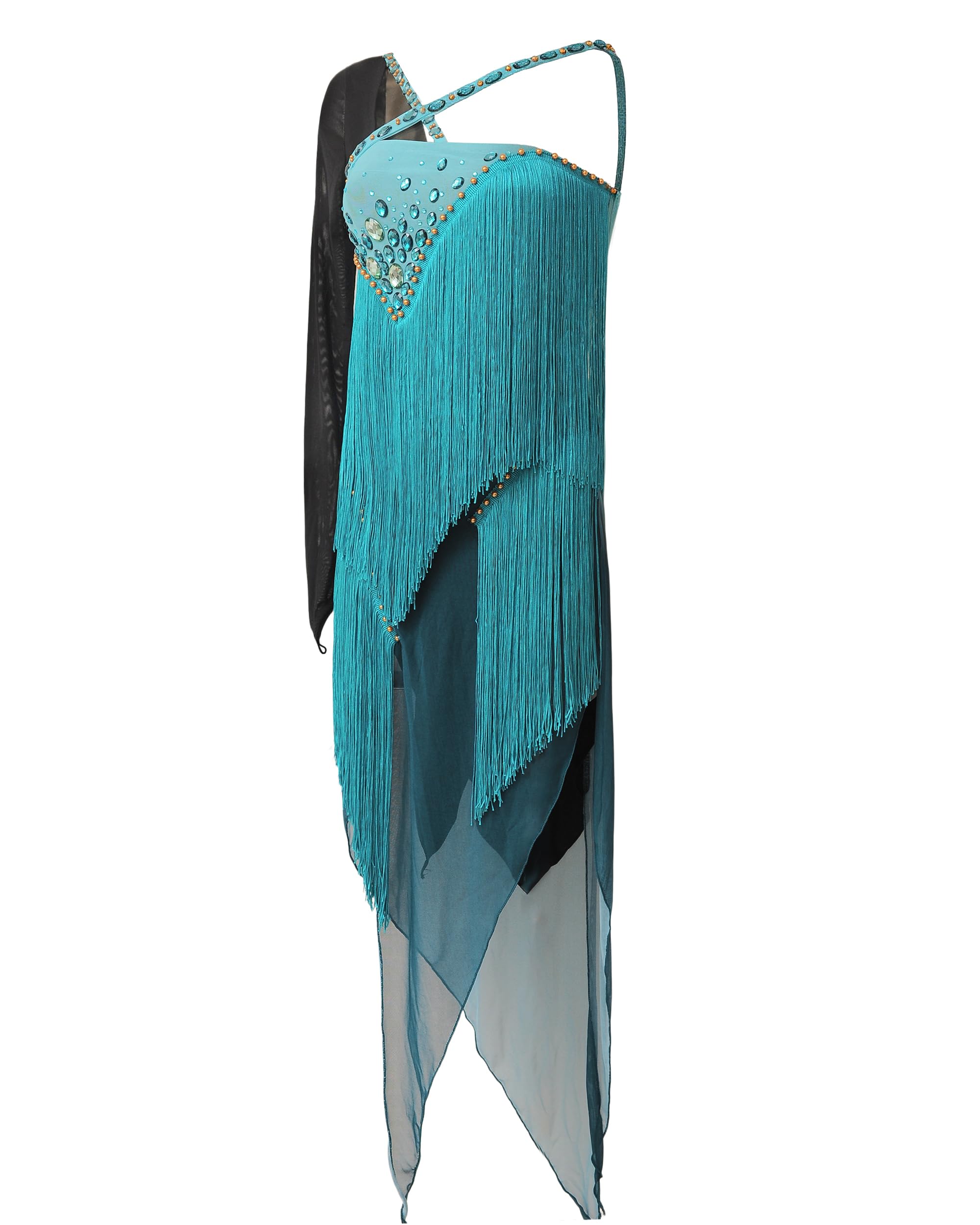 ROYAL SMEELA Damen Fransen Latein Tanzkleid mit Strass,lateinisches Tanz Kleid für Frauen, Tango Samba Rumba Salsa Kleid mit Asymmetrische Ärmel