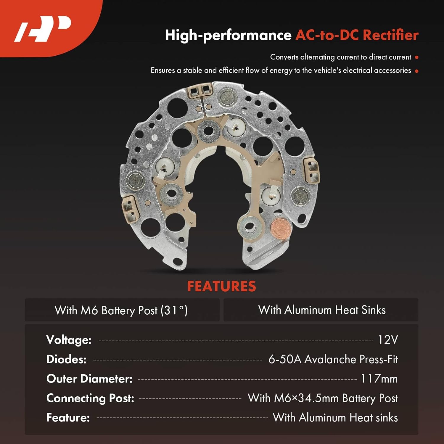 A-Premium Alternator Rectifier Compatible with Honda CR-V 2007-2011, Civic 2006-2011, Accord 2003-2007, Element 2003-2011 & Acura TSX 2004-2008, CSX 2006-2008, 2.0L 2.4L, 6-50A Avalanche Diodes