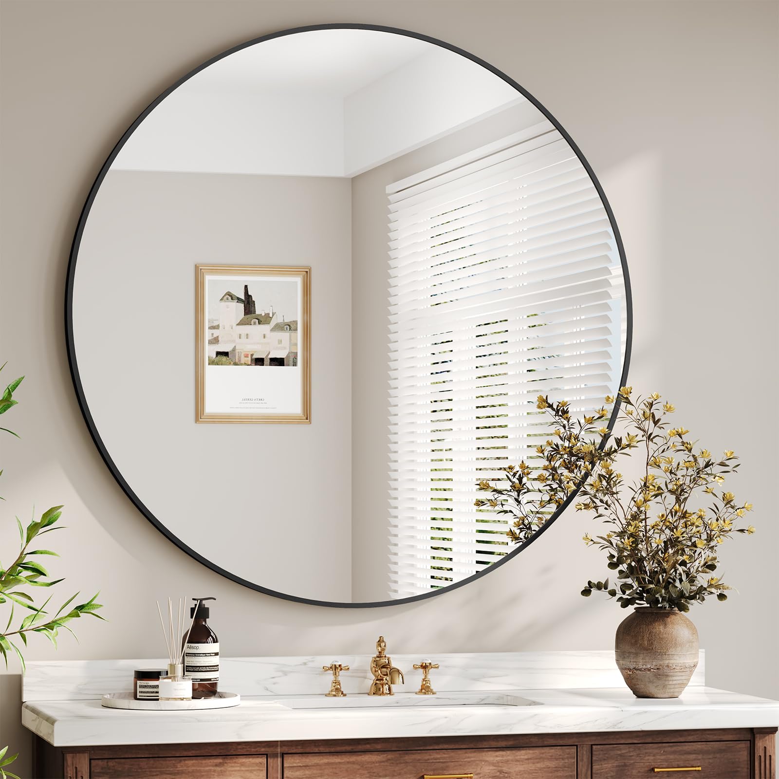 Dripex 90cm Round Wall Mirror, Aluminum Frame Tempered Glass Circle Mirror, Large Decorative Hanging Vanity Mirror for Bathroom, Hallway, Living Room & Bedroom, Black