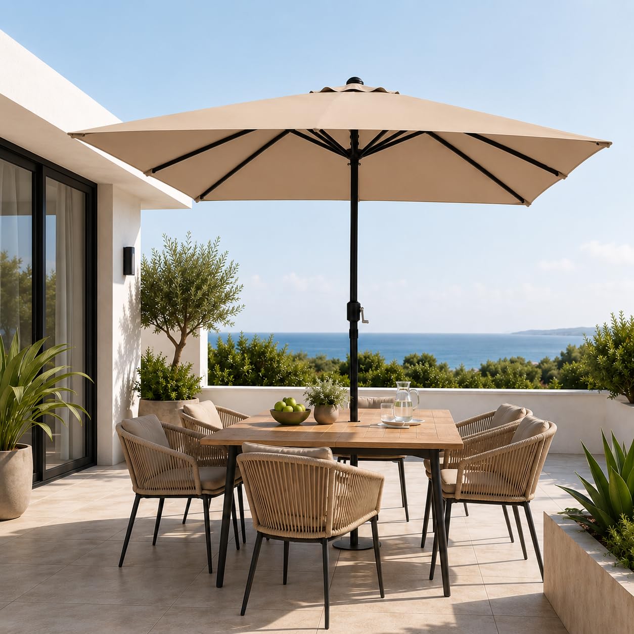 Sombrilla de Jardín – Parasol Exterior con Manivela, Altura Ajustable, Protección UV, Tejido Impermeable y Estructura Metálica Negra