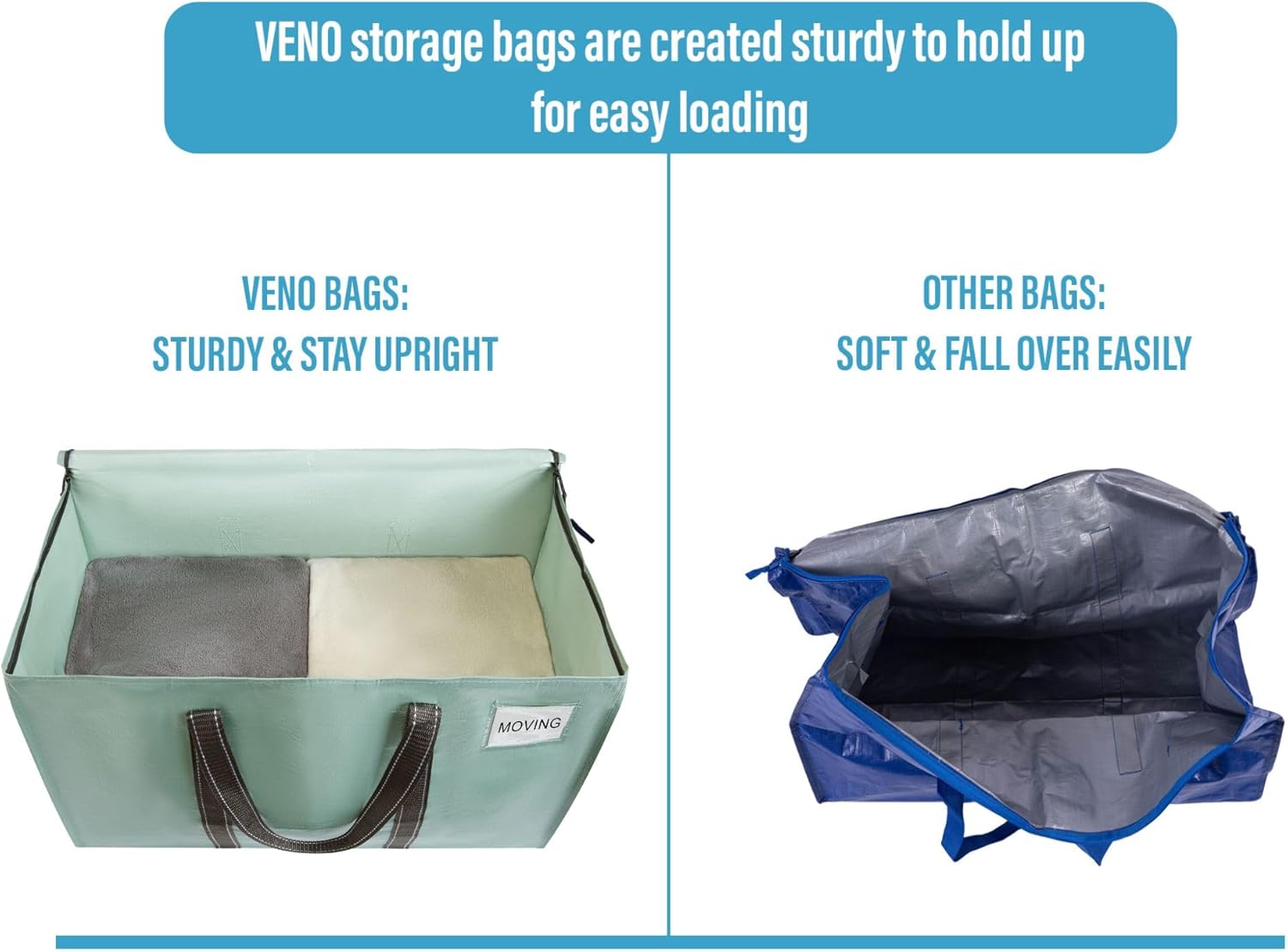 VENO 6 Pack Heavy Duty Moving Bags, Extra Large Storage Bags with Reinforced Handles & Strong Zippers, Foldable & Reusable Moving Box Alternative for Clothes & Dorm Storage - Image 4