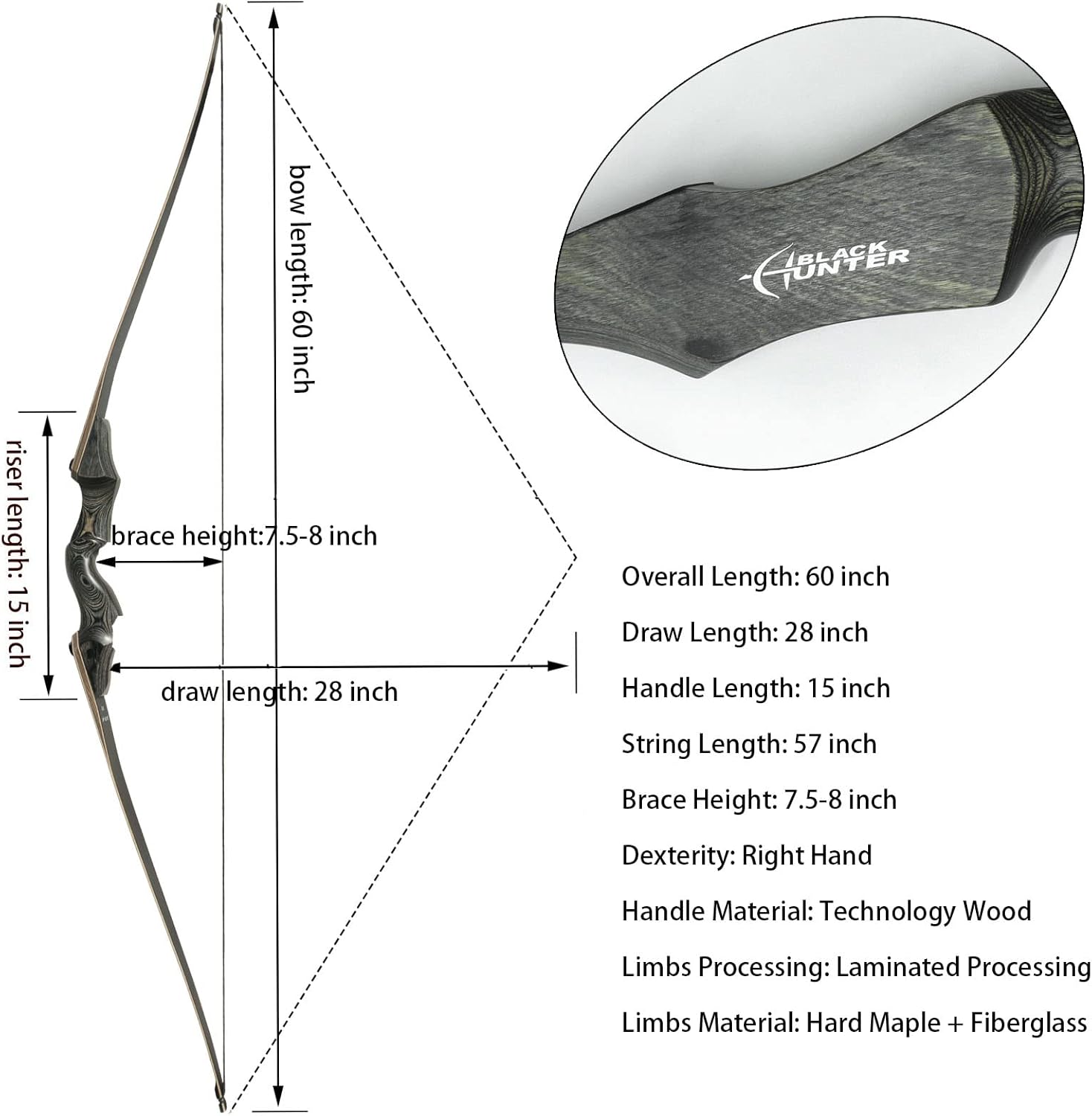 35 LBS Black Hunter Archery Takedown Bow Longbow with Black Bow Silencers Set