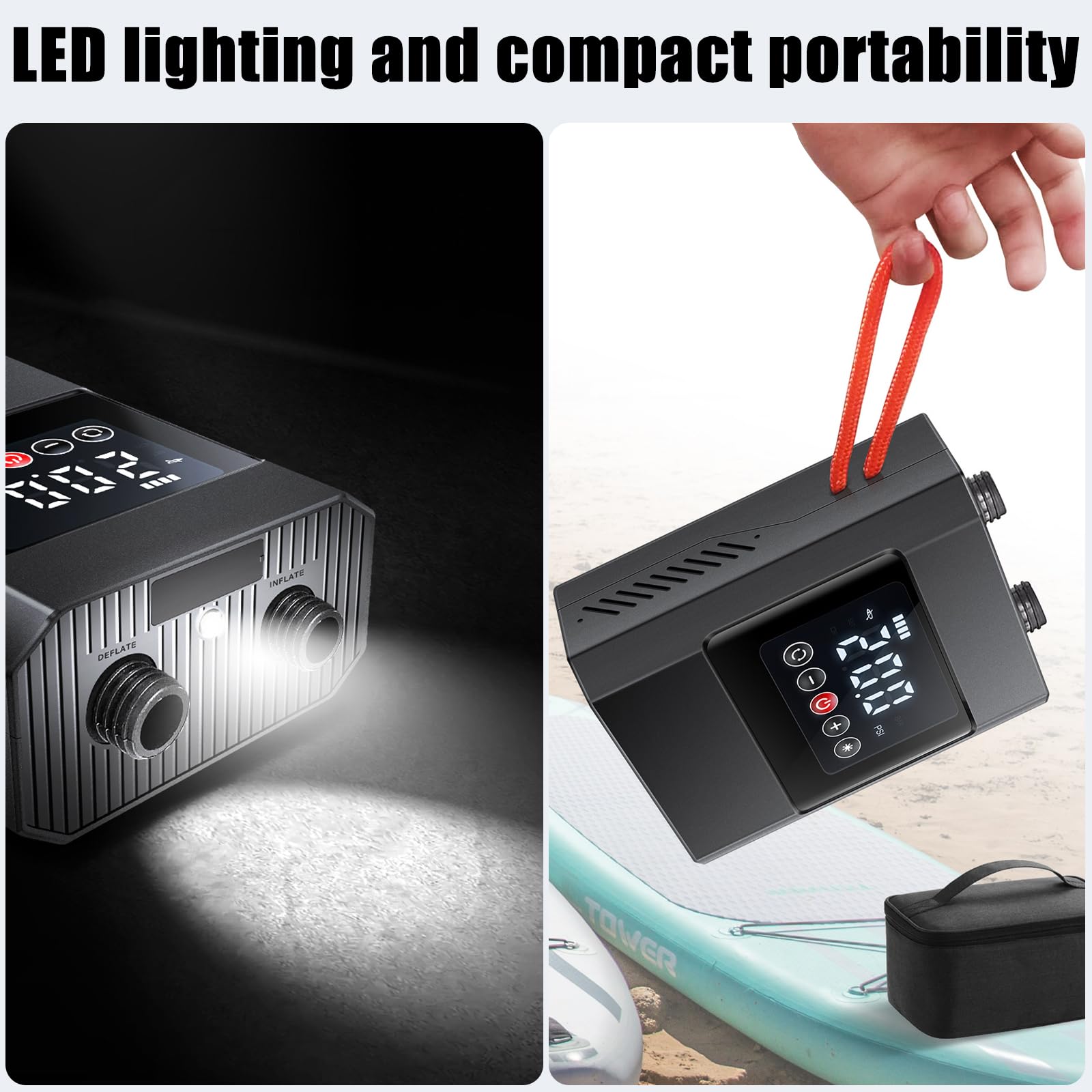 SUP Pompa Gonfiabile Elettrica, 12000 mAh, Ricaricabile, Gonfiabile/Sgonfiaggio con 6 Ugelli e Cavo di Ricarica Accendisigari per Lavagne, Kayak, Materassi