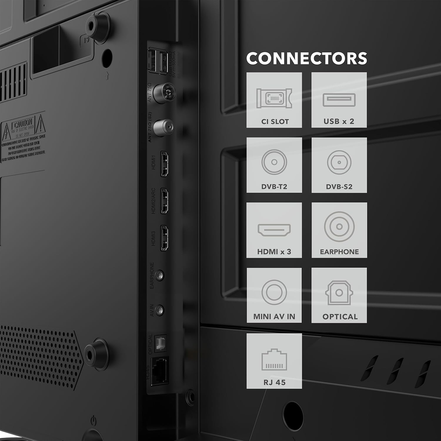 Rear view of the Smart Tech TV showing all available connection ports: CI Slot, 2x USB, DVB-T2, DVB-S2, 3x HDMI, Earphone, Mini AV IN, Optical, and RJ45 (Ethernet).