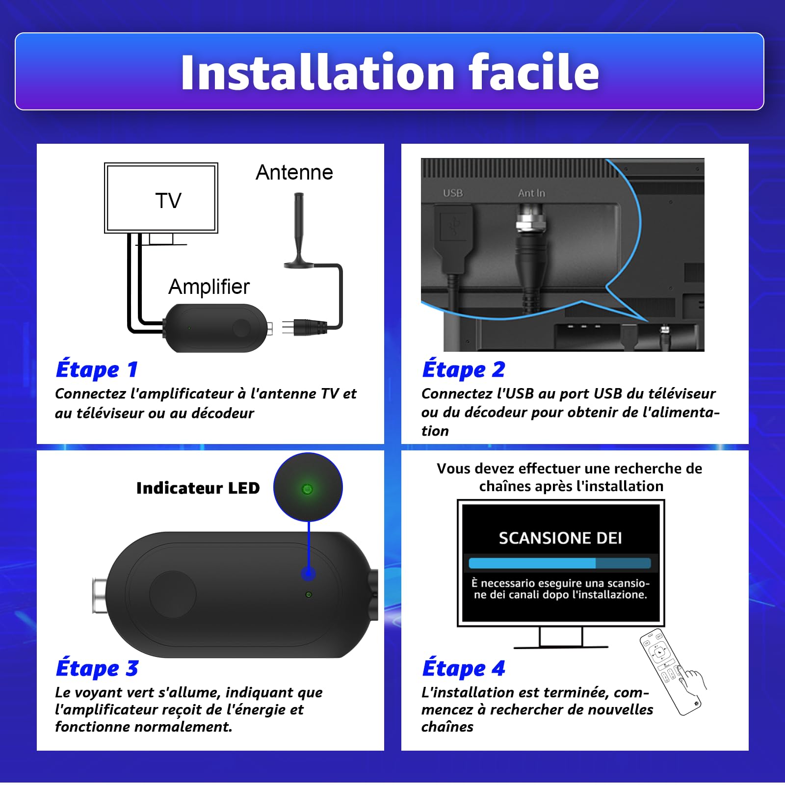 Amplificateur de Signal TV Booster TNT HD 4K avec Filtre 4G Intérieur Extérieur