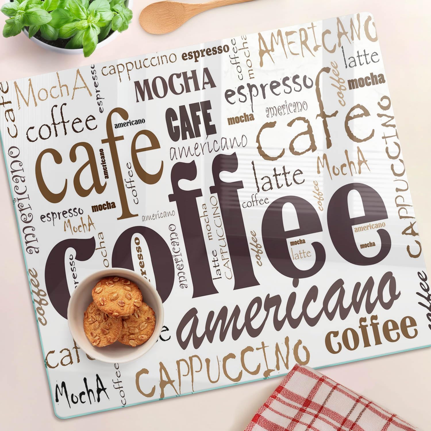 Planche à Découper pour la Cuisine 60x52 cm Résistant à la Chaleur Contact Alimentaire Modernité Symétrique Pieds Antidérapants Décoration Avec Impression Bords Polis - Café