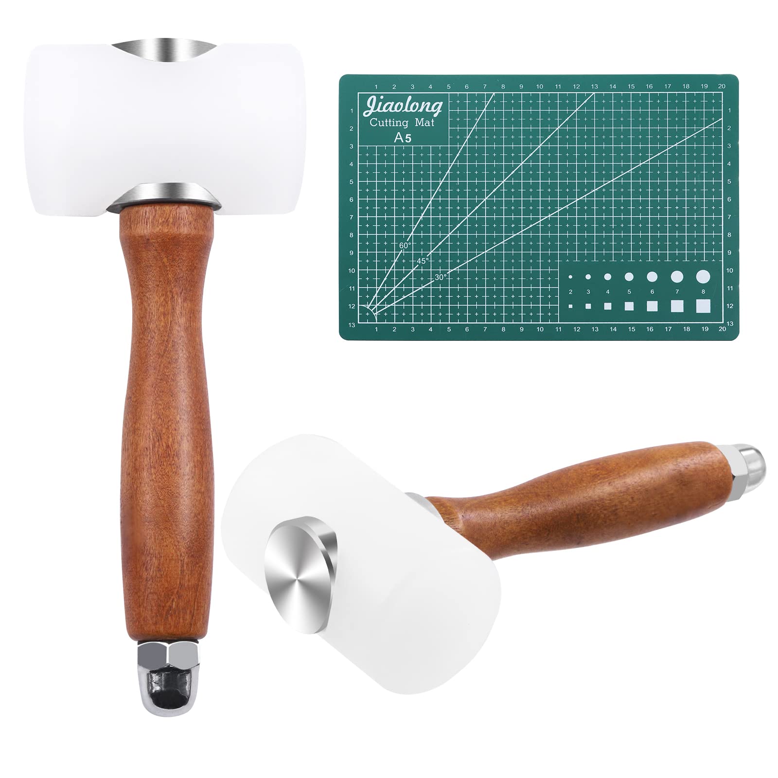 Rustark 3Pcs Nylon Leather Carving Hammer Set Includes T Head Nylon Hammer, Vertical Craft Hammer and A5 Cutting Mat