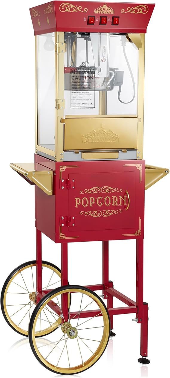 Olde Midway Movie Theater-Style Popcorn Machine Maker with Cart and 10-Ounce Kettle - Red, Vintage-Style Popper on Wheels