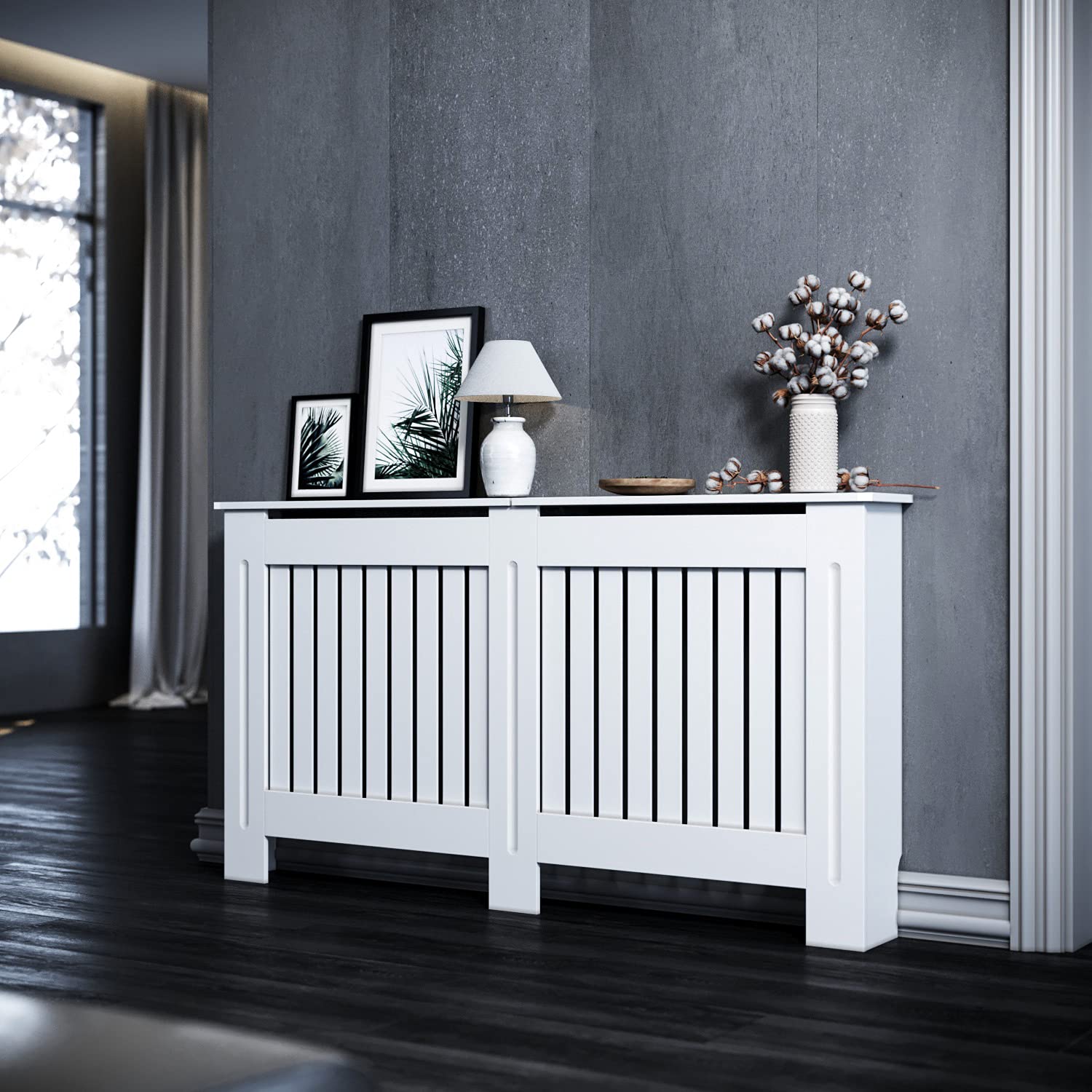 ELEGANT Heizkörperverkleidung, 152x19x81.5cm, Lackiert, Vertikal Lamell, Weiß | Heizkörperabdeckung, Heizkörperschutz, Schrank Heizkörper Abdeckung für Wohnzimmer, Schlafzimmer, Küche, Modern, Holz