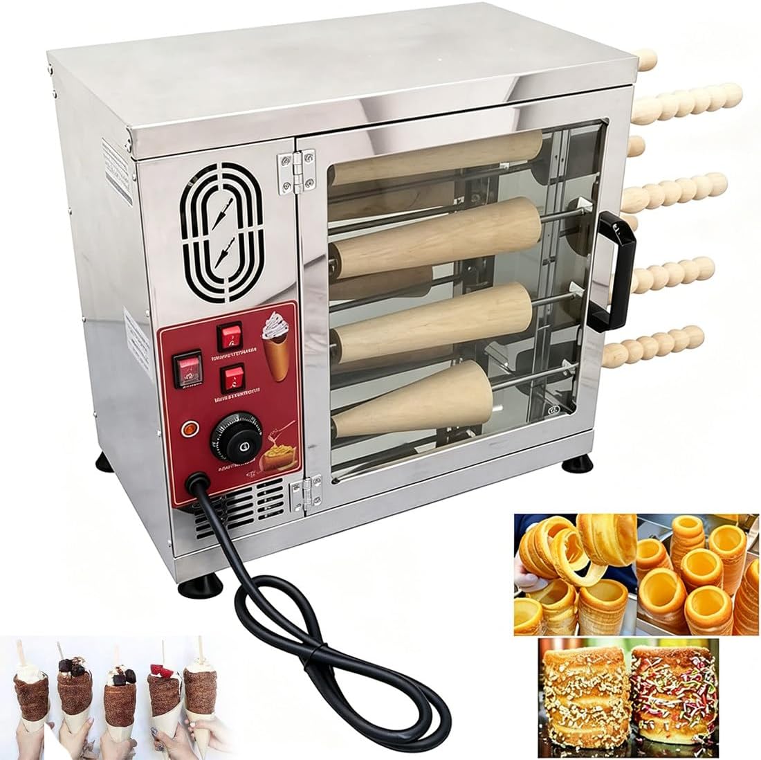 Commercial Electric Chimney Cake Oven, Chimney Cake Making Machine, Ice Cream Cone Roller Machine, with 16 Stainless Steel Bars, Chimney Cake Bread Roll Oven Maker, Adjustable Temperature