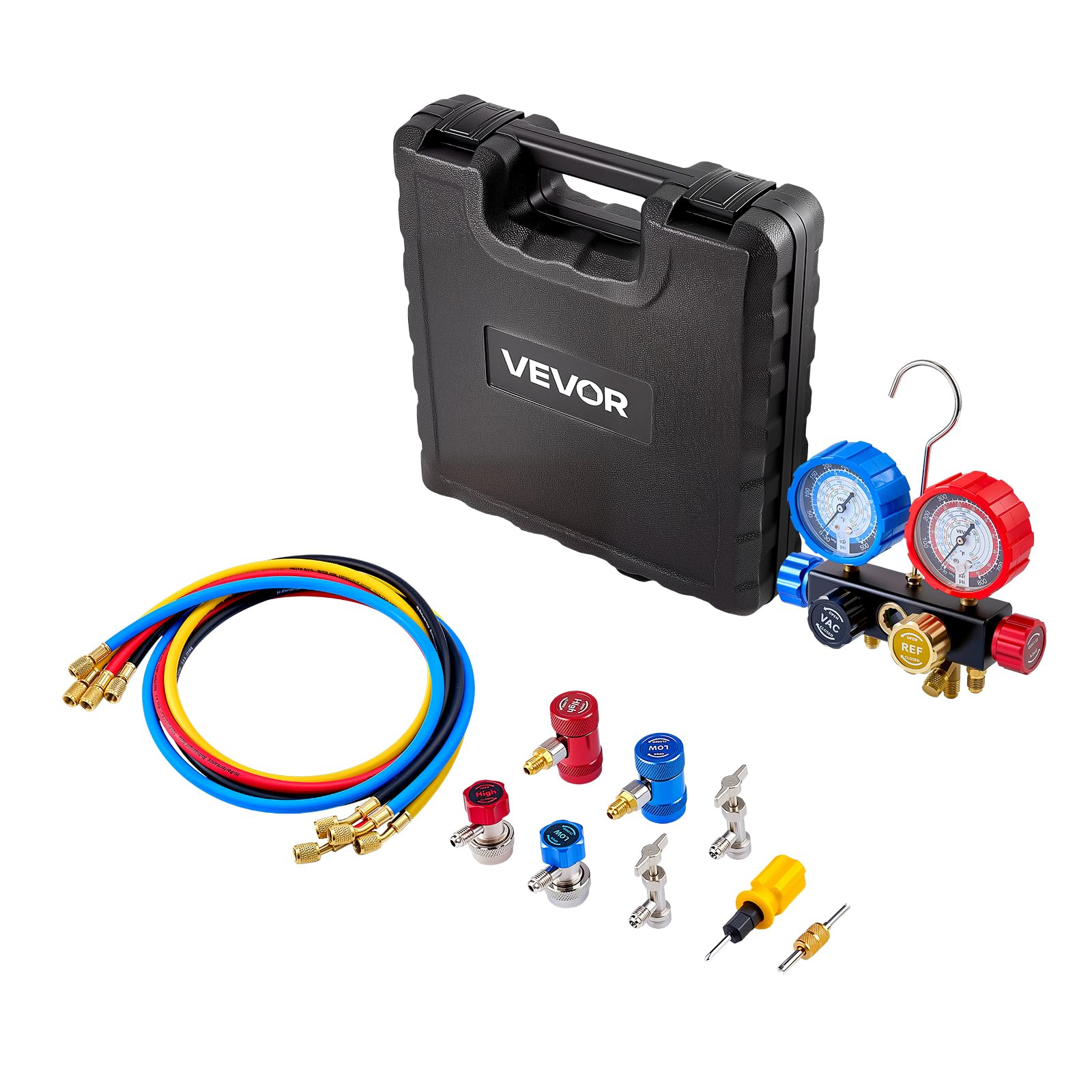 VEVOR Kit Manometro Ricarica del Refrigerante per Aria Condizionata Auto con Custodia Portatile, Manometro Indicatore a 4 Vie per Sistema Aria Condizionata per Auto Casa R134a R404A R1234yf R22