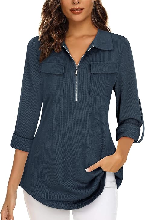 Gemulate Womens Tops 3/4 Sleeve Tops for Women Polo Top Floral Printed Shirts with Zip Up V Neck Tunic Blouse Basic Tops