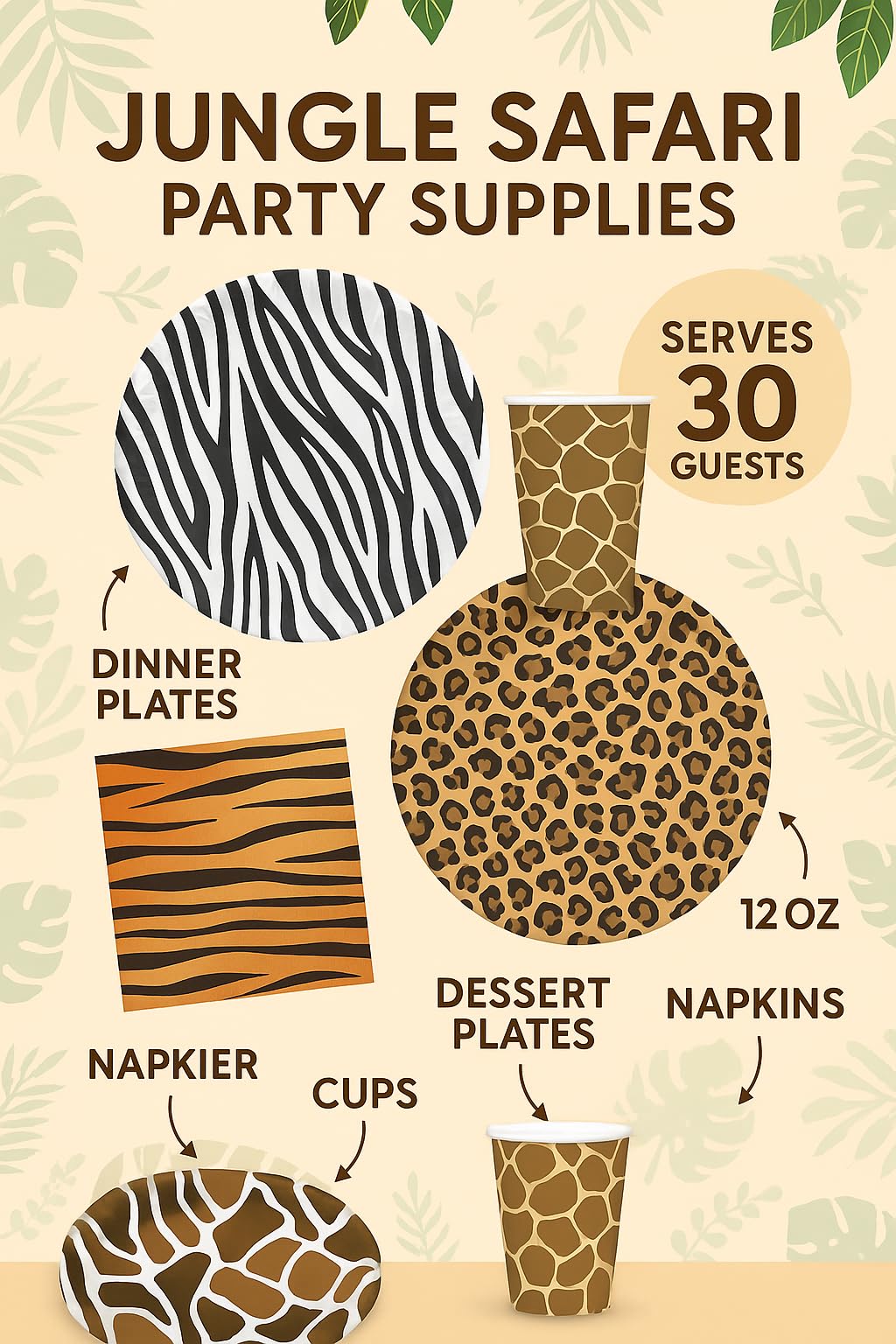 Dschungelsafari-Partyzubehör Set – 50 Teller & 50 Servietten Mit Tierdruck, 17,8 Cm