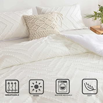 Nanko White Full Comforter Set, Tufted Jacquard Boho Soft Shabby Chic Reversible Down Alternative Microfiber Bedding - All Season Duvet and 2 Pillowcases Farmhouse Bed Sets Women Men 80 x 90 Size 3pc