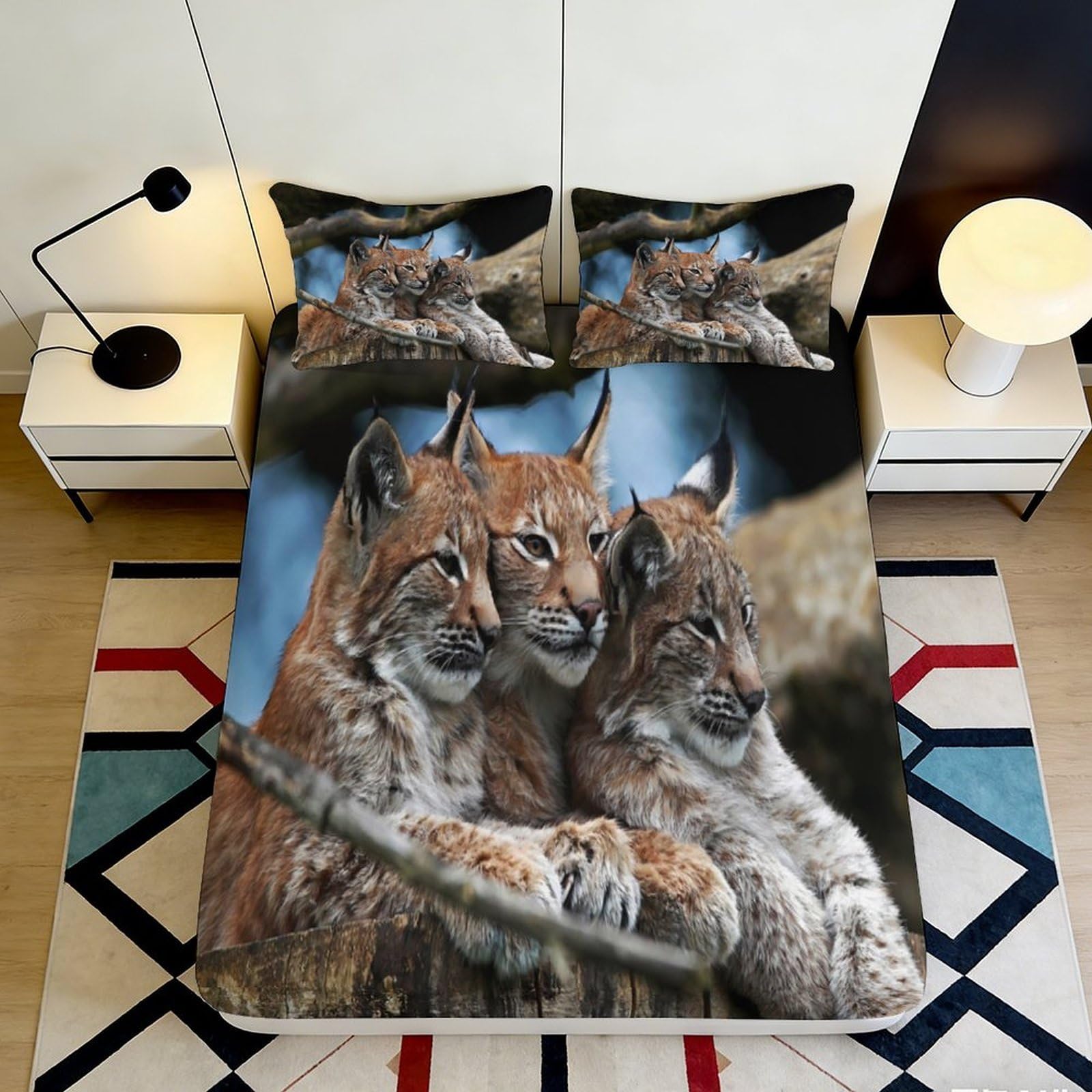3D Printed Lynx Animal Pattern Fitted Sheet Microfiber Soft Durable Wildlife Bed Cover for Bedroom Dormitory Guest Room Mattress Protection 160x200x25cm