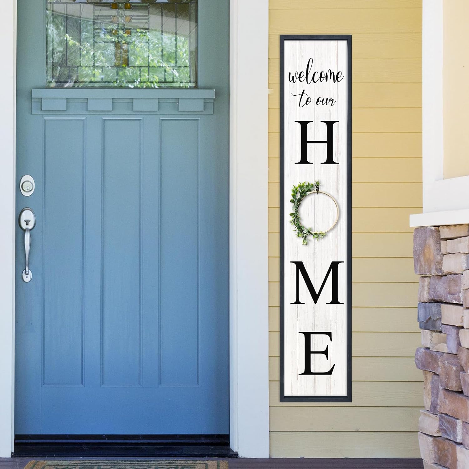 Welcome To Our Home Sign for Front Porch Standing, Outdoor Vertical Plaque Large Home Door Wreathes Print Wooden Rustic Farmhouse Yard Entrance Outside Decorations (45"X9" Black)