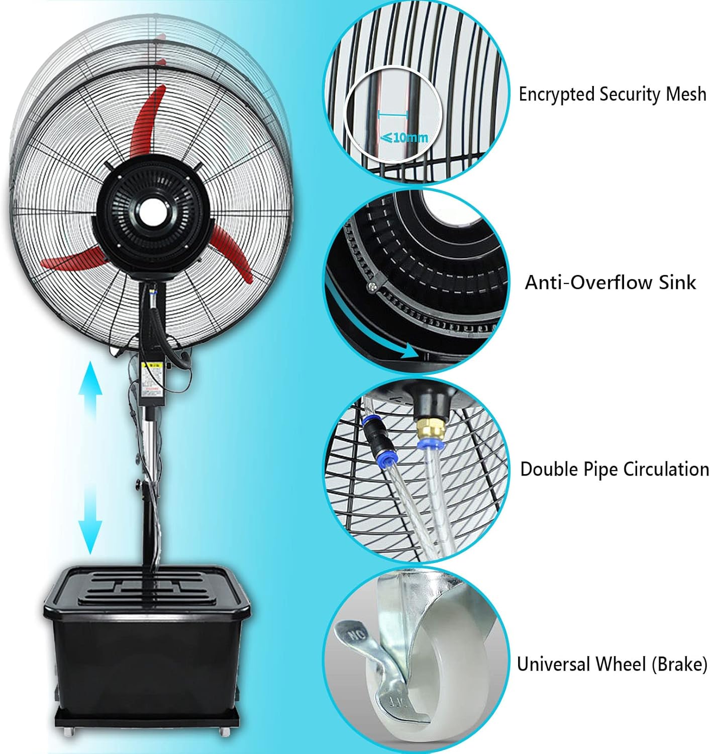 Pedestal Misting Fan 90° Oscillating Floor Fan, Adjustable Height Heavy Duty Industrial Metal Stand Fan with 3 Speed,Use for Garage, Shop, Factory